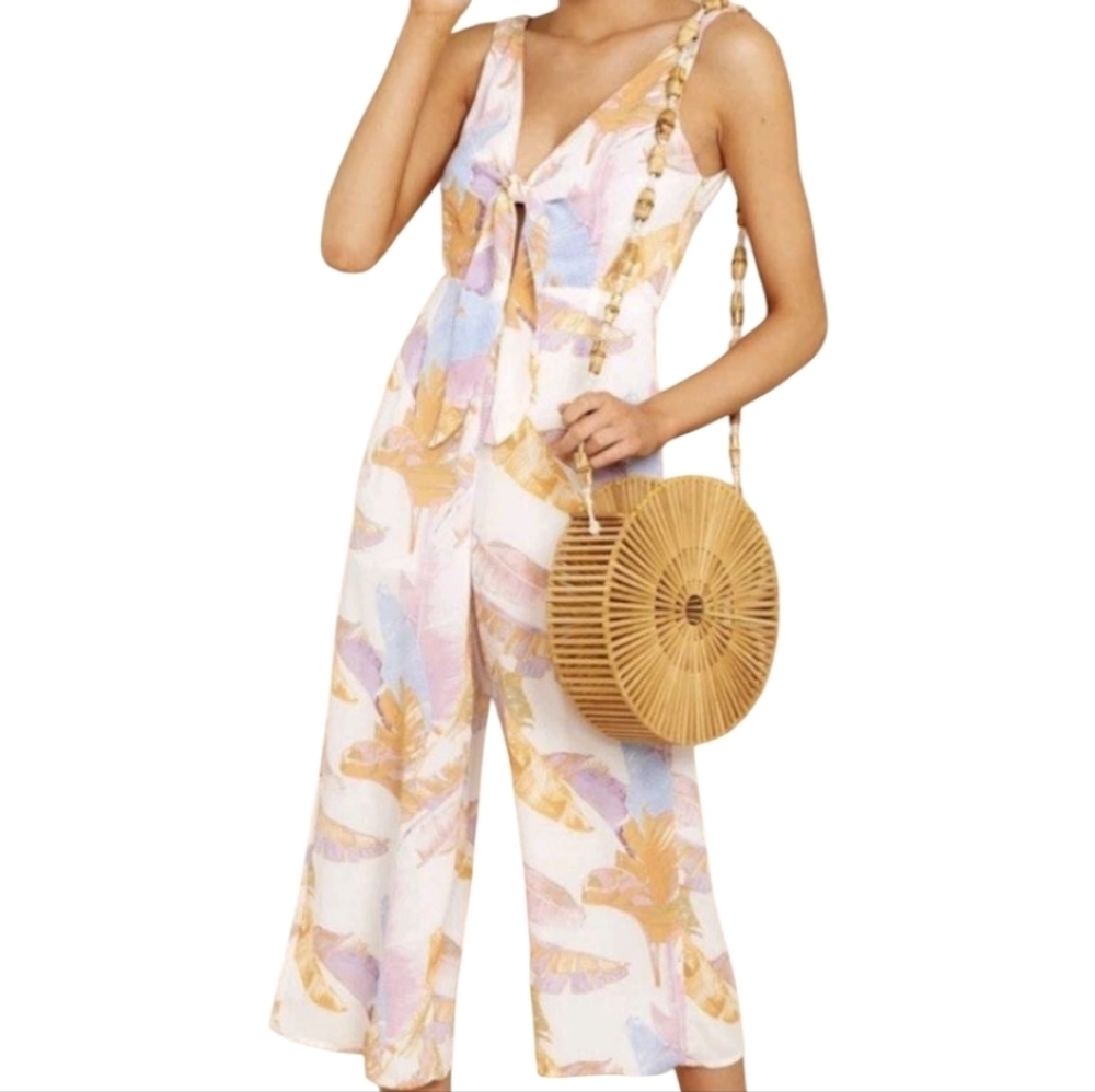 Buddy Love Brinkley Tie Front Palm Tree Print Jumpsuit Ivory Pink Size Medium
